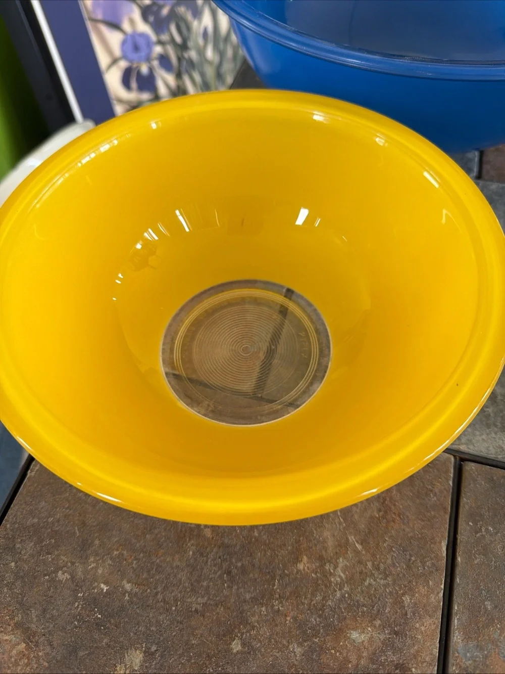 Vintage Blue and Yellow Pyrex Glass Mixing Bowls with Glasbake Queen Anne Casse